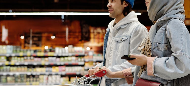 A couple buying groceries